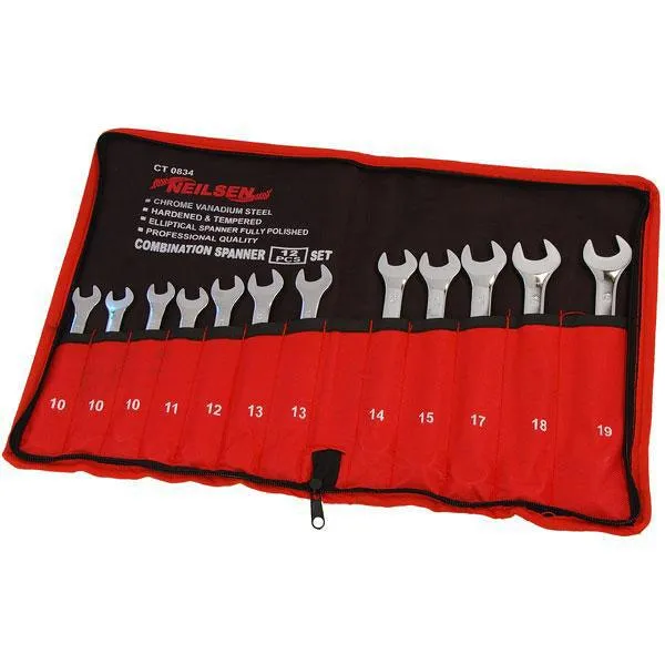 12pc Combination Spanner Set Chrome Vanadium Steel Polished 10-19mm   Tool Roll