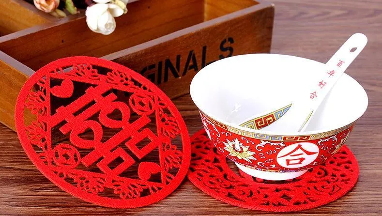 500PCS Traditional Chinese Style Double Happiness Coasters Non-woven Fabric for Chinese Wedding - SN1126