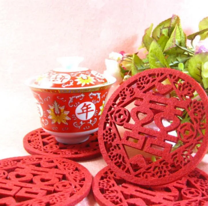 500PCS Traditional Chinese Style Double Happiness Coasters Non-woven Fabric for Chinese Wedding - SN1126