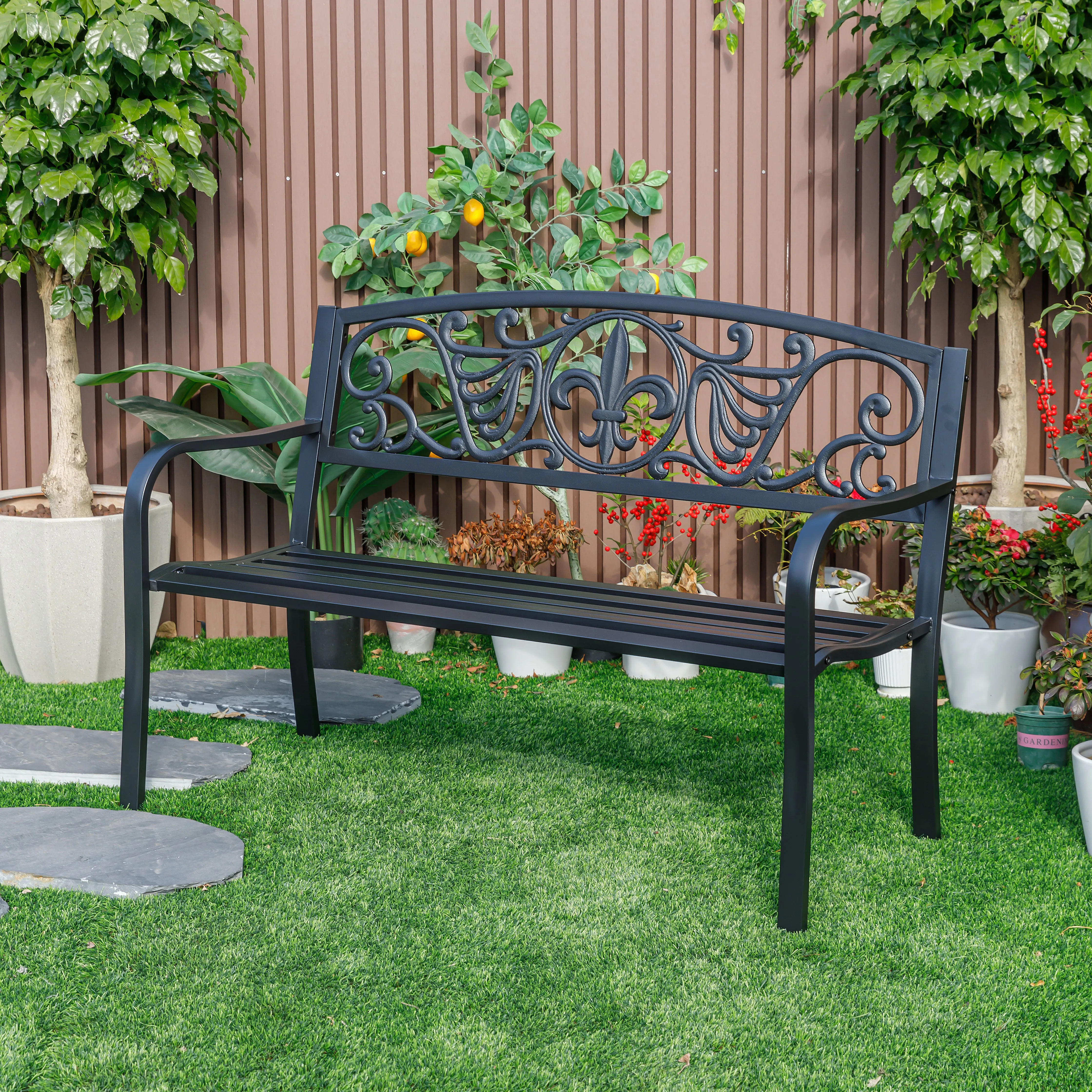 78661-A-BK -  Sleek Black - Steel and Cast Iron Garden Bench in Timeless Black