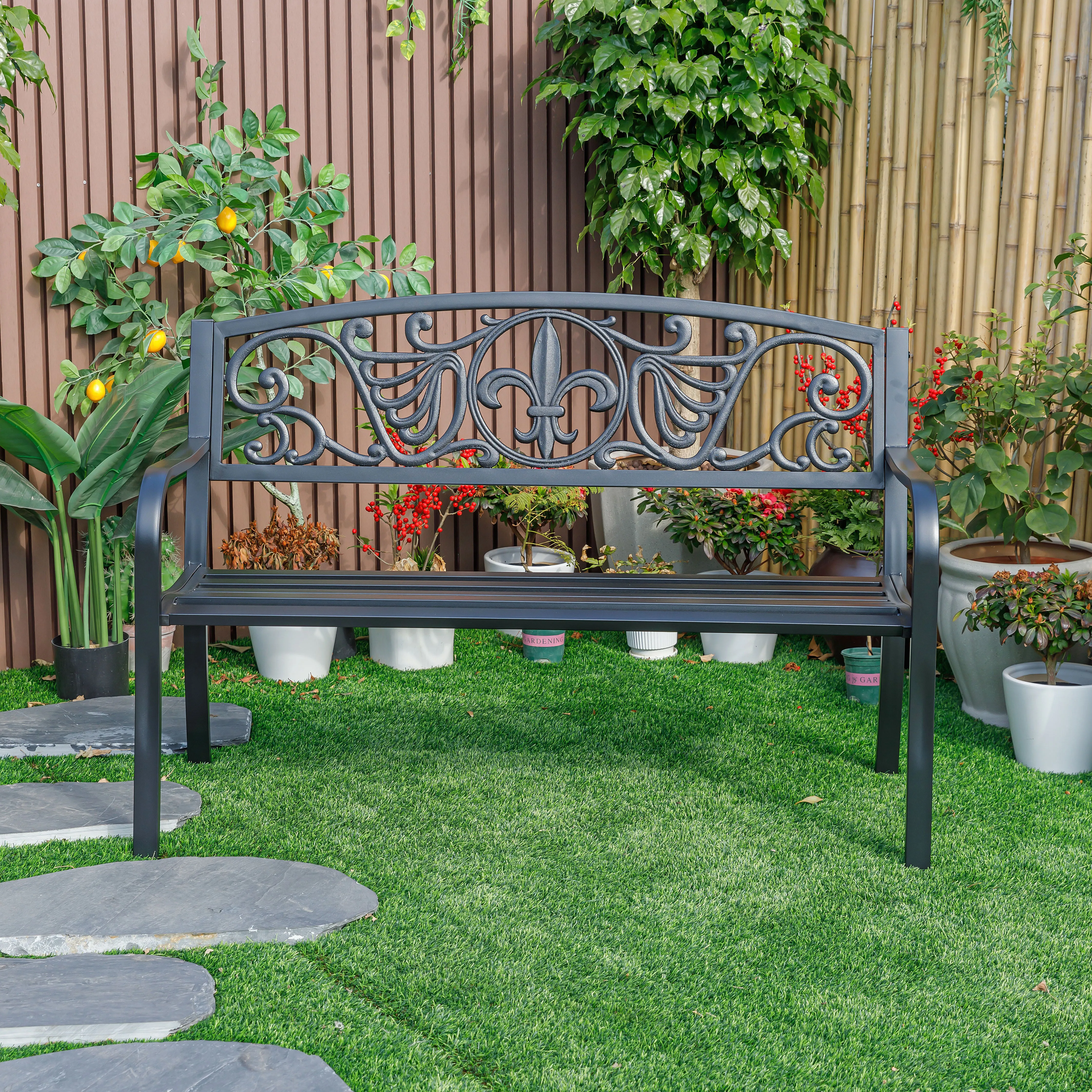 78661-A-BK -  Sleek Black - Steel and Cast Iron Garden Bench in Timeless Black