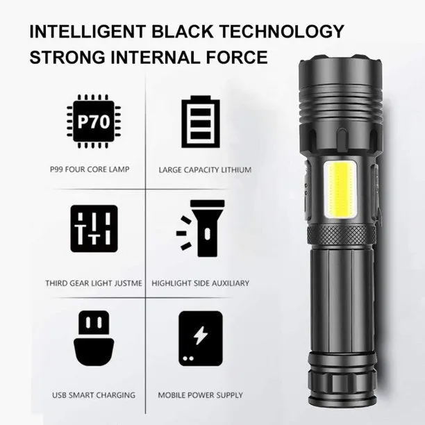 90000 Lumens Powerful Flashlight, USB Rechargeable Waterproof XHP70 Searchlight Super Bright LED Flashlight Zoom Bar Torch for Hiking Hunting Camping Outdoor Sport (Battery Included)