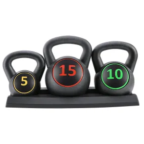 Kettlebell Set 3-Piece Wide Handle HDPE Coated 5lb, 10lb, 15lb Weights Kettlebells with Storage Rack Exercise Fitness for Strength Training Home Gym