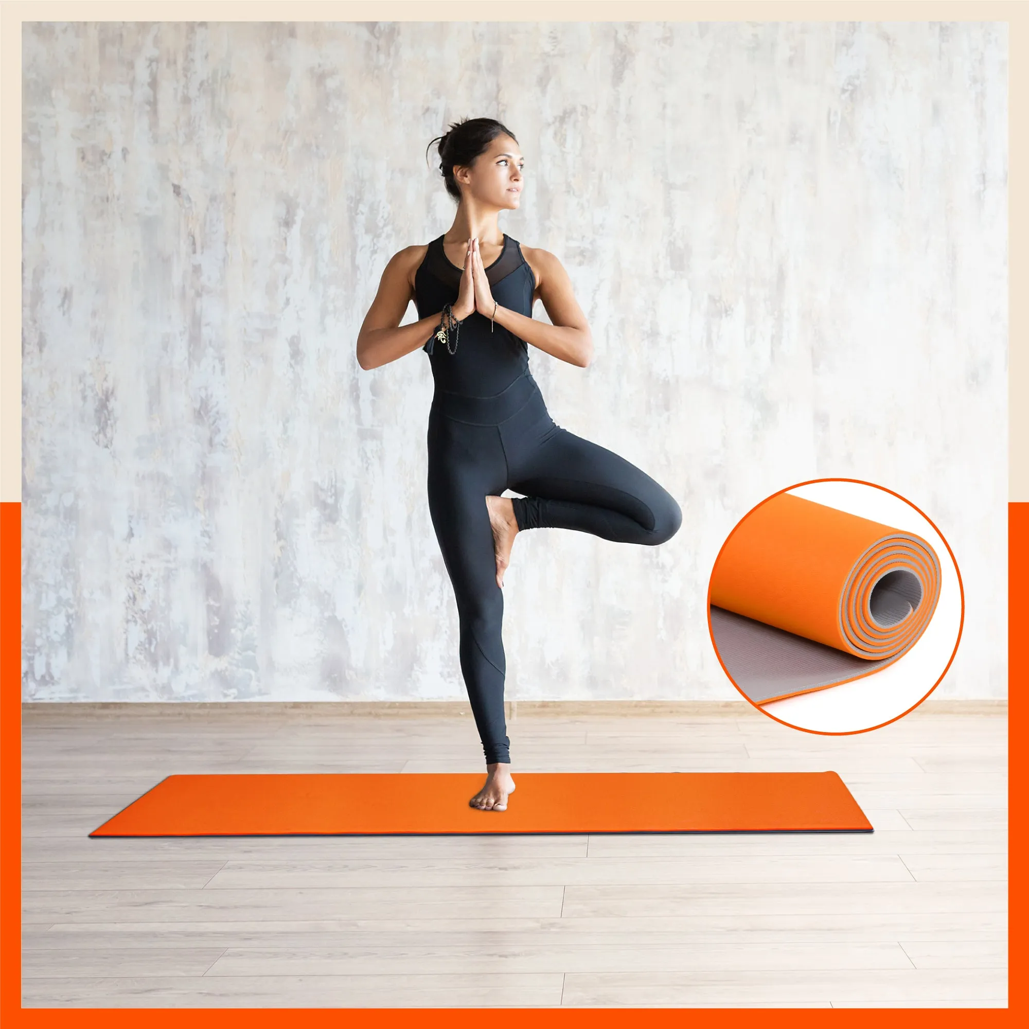 Kriya Classic Yoga Mat | Orange & Grey (Size: 24” x 72” Thickness: 6mm)