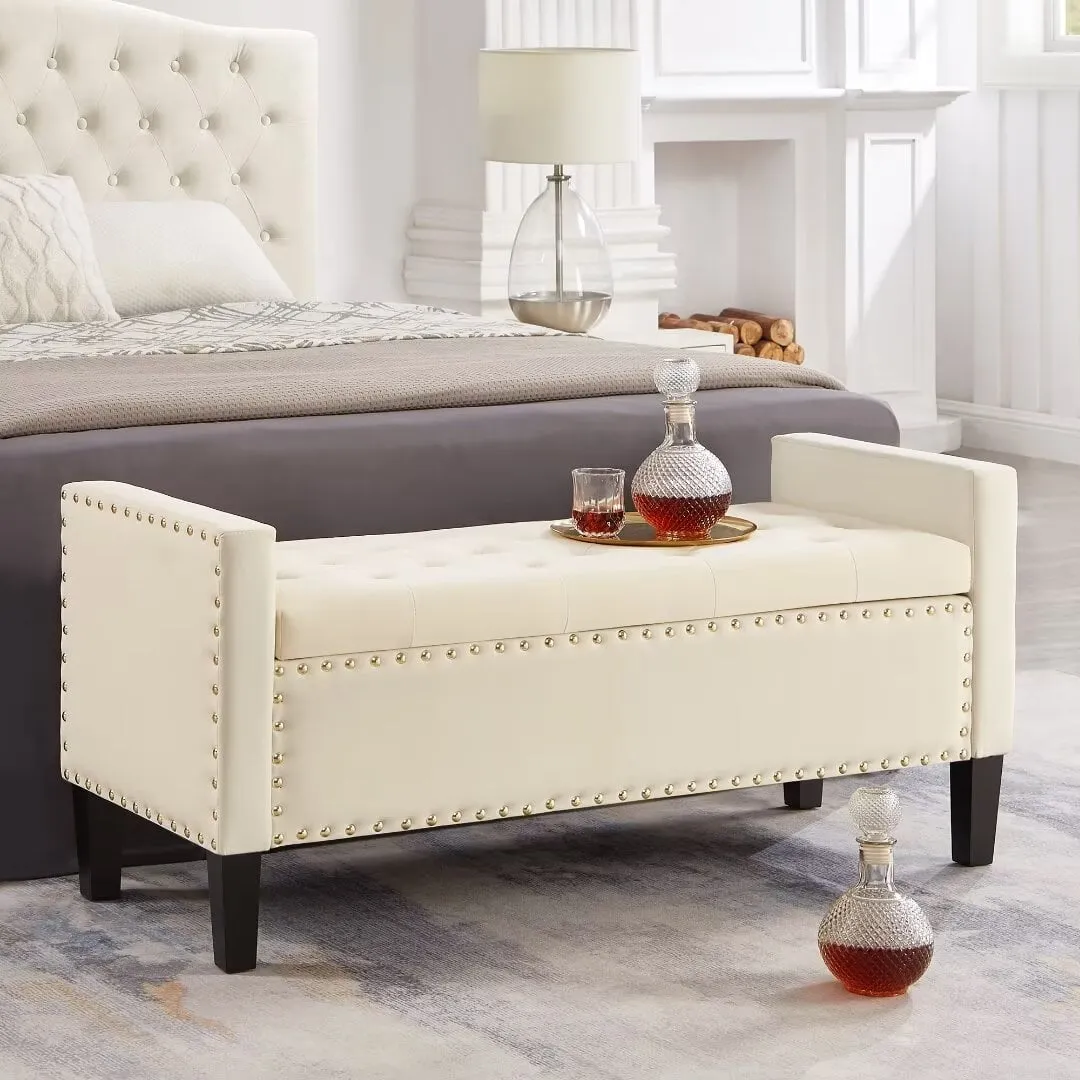 modern Storage Bench Velvet Fabric Upholstered Storage Ottoman Bench for Living Room Bedroom Entryway 48" Tufted Button Bench for End of Bed with Nailhead Bench with Arms Black