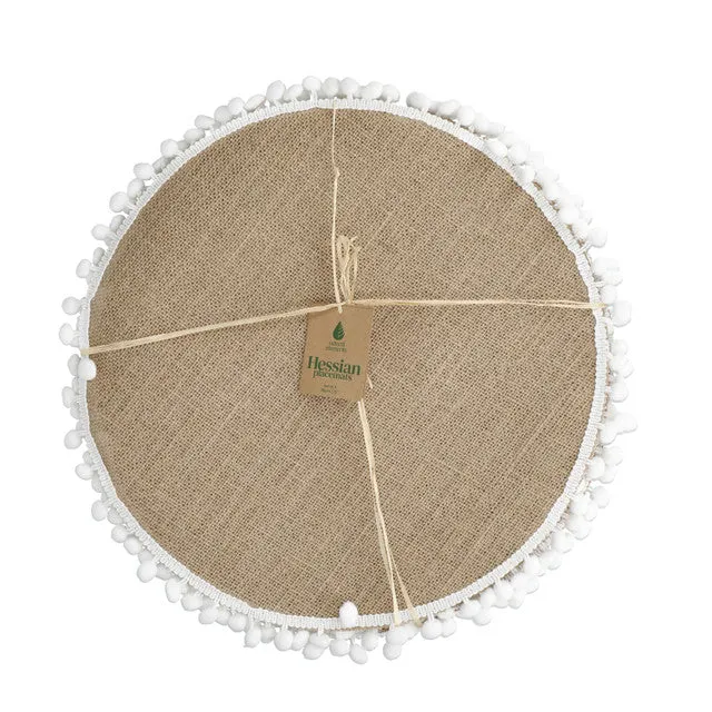 Natural Elements Set of 4 Woven Hessian Placemats with Pom Pom Decorations - 38cm