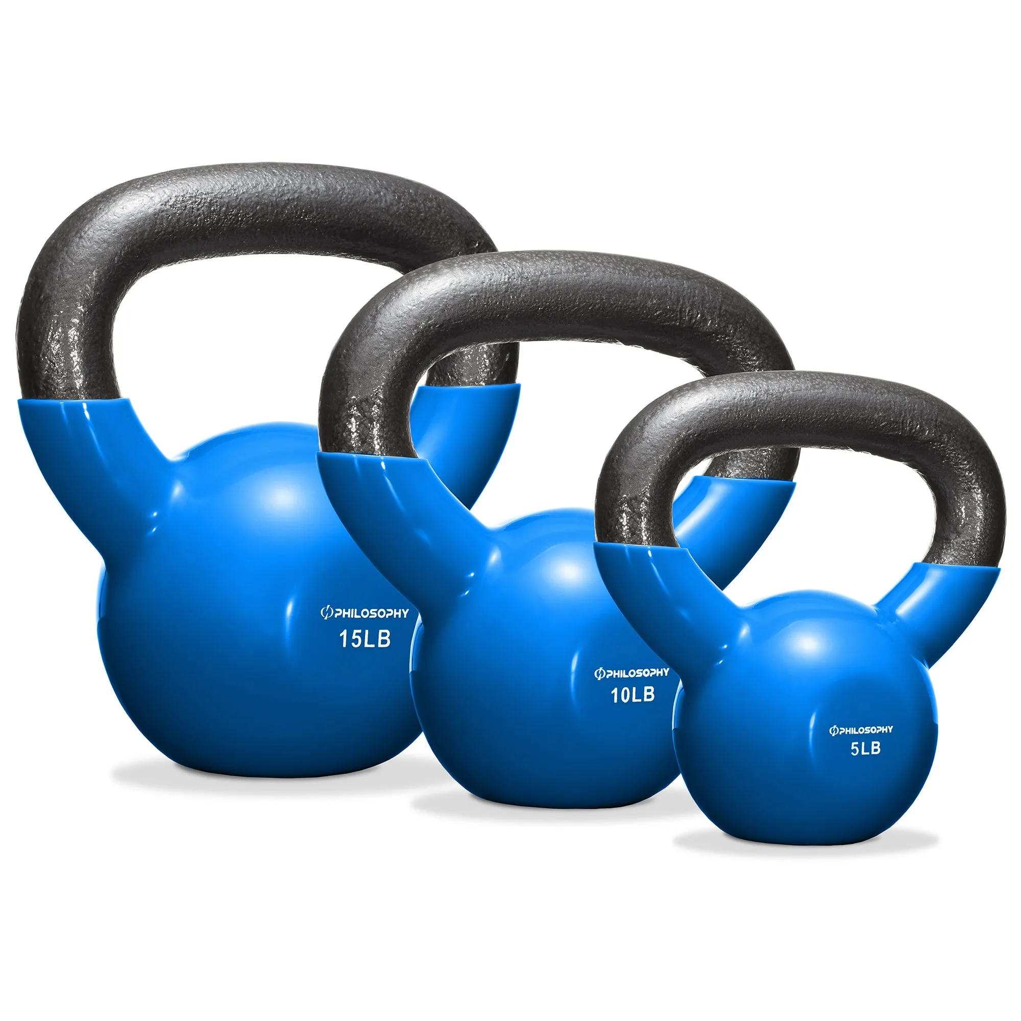 Vinyl Coated Cast Iron Kettlebell Weights (Set of 3) - 5lb, 10lb, 15lb