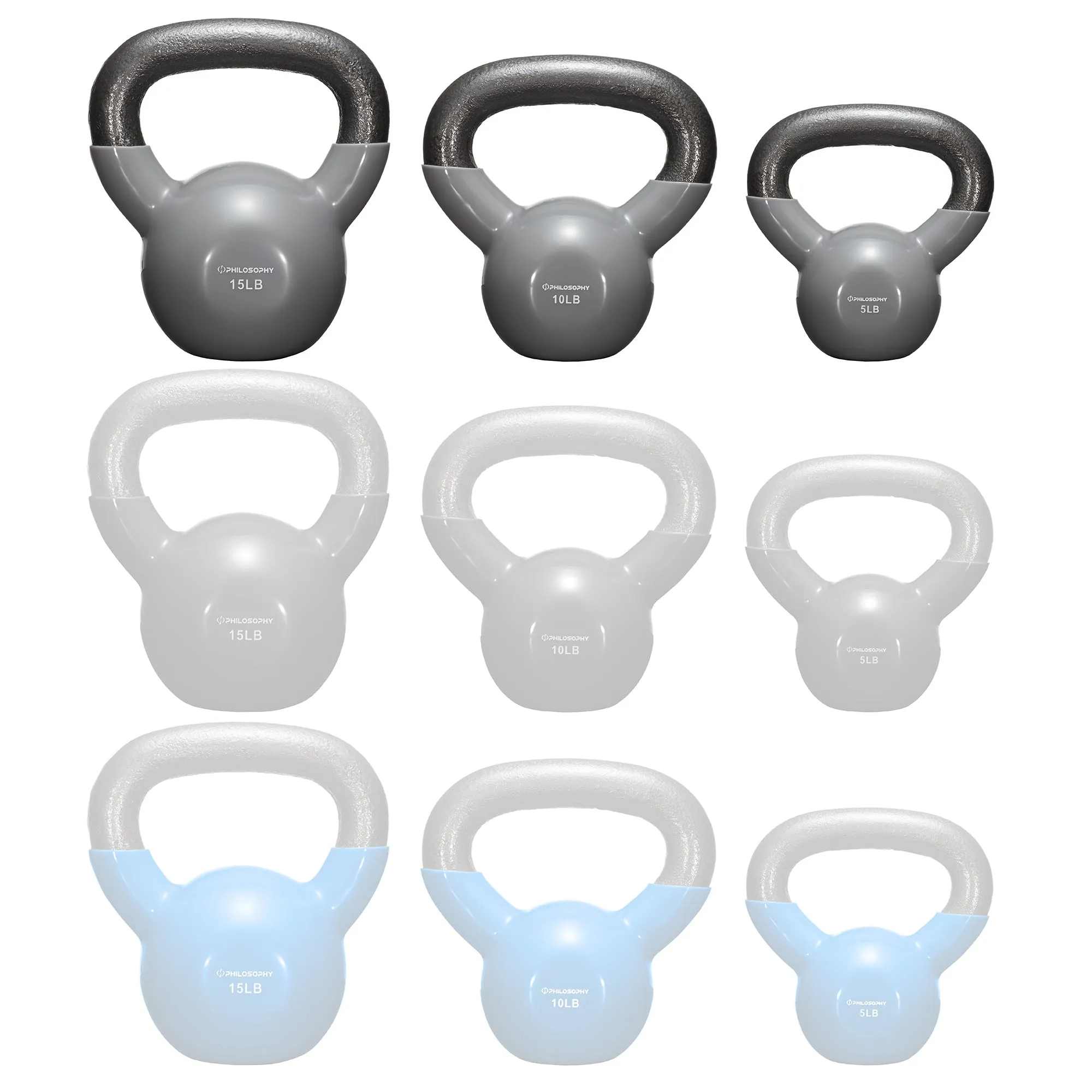 Vinyl Coated Cast Iron Kettlebell Weights (Set of 3) - 5lb, 10lb, 15lb