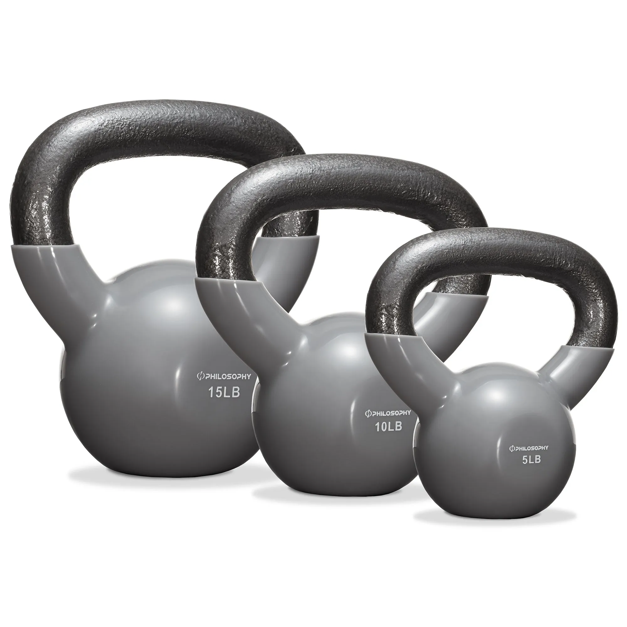 Vinyl Coated Cast Iron Kettlebell Weights (Set of 3) - 5lb, 10lb, 15lb