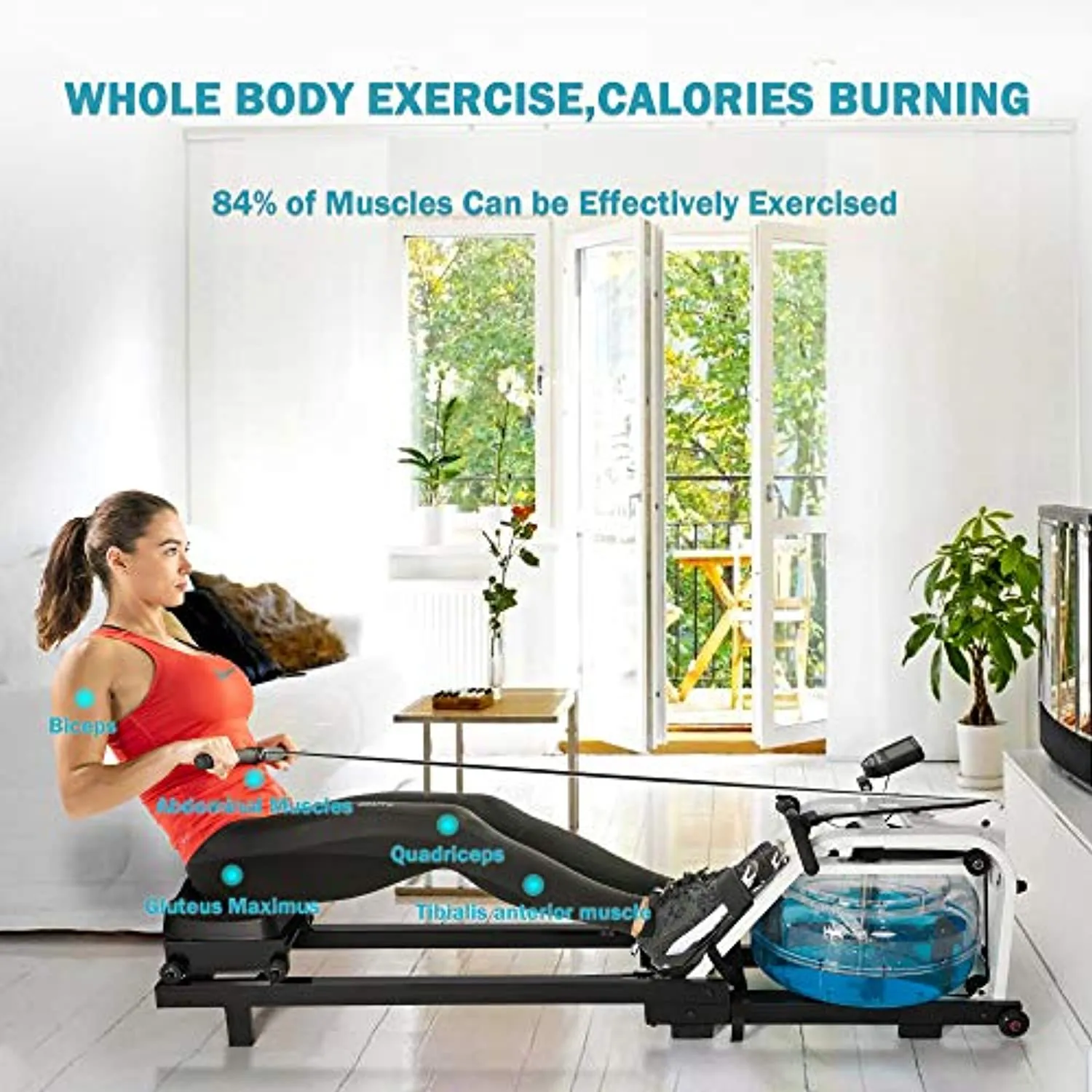 Water Rowing Machine - LCD Monitor for Calories Burned Sports Exercise Equipment in Home Gym